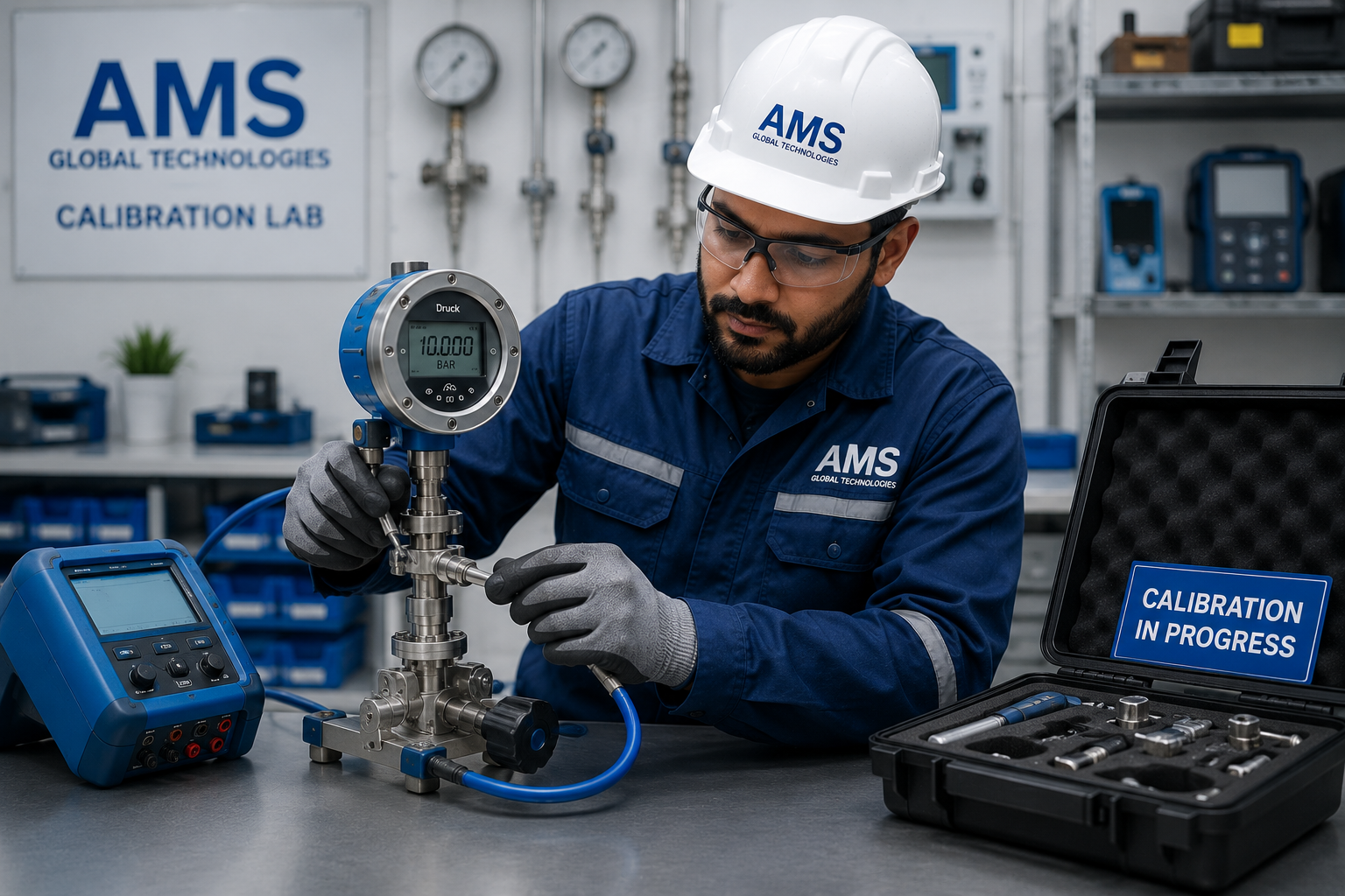 AMS technician performing industrial instrument calibration