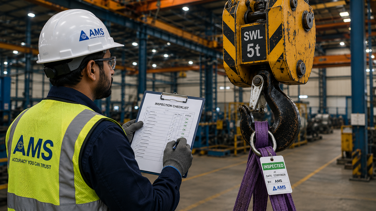 AMS lifting equipment inspector inspecting an industrial crane hook