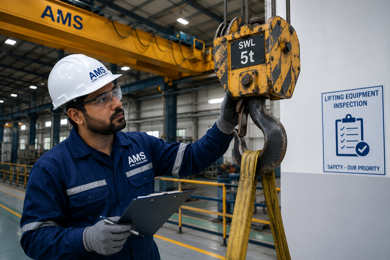 AMS technician inspecting industrial lifting equipment