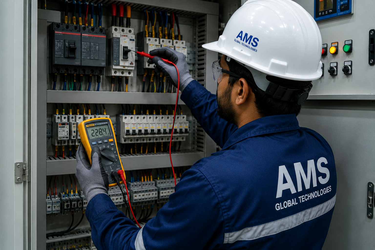 AMS technician conducting electrical and mechanical testing