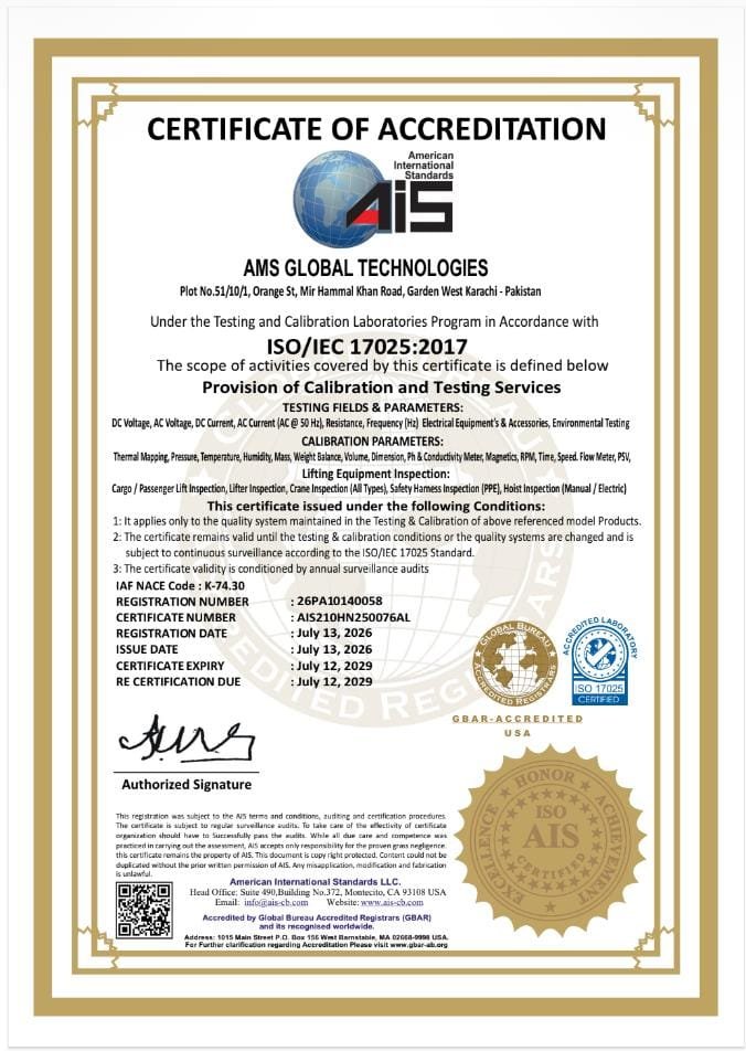 AMS Global Technologies ISO IEC 17025 accreditation certificate