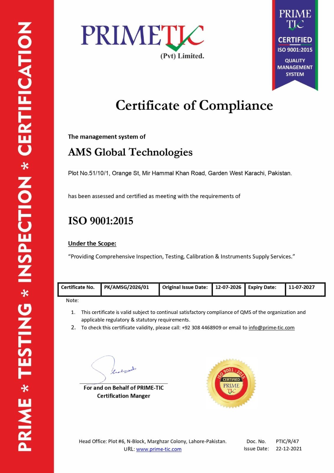AMS Global Technologies ISO 9001 2015 certificate